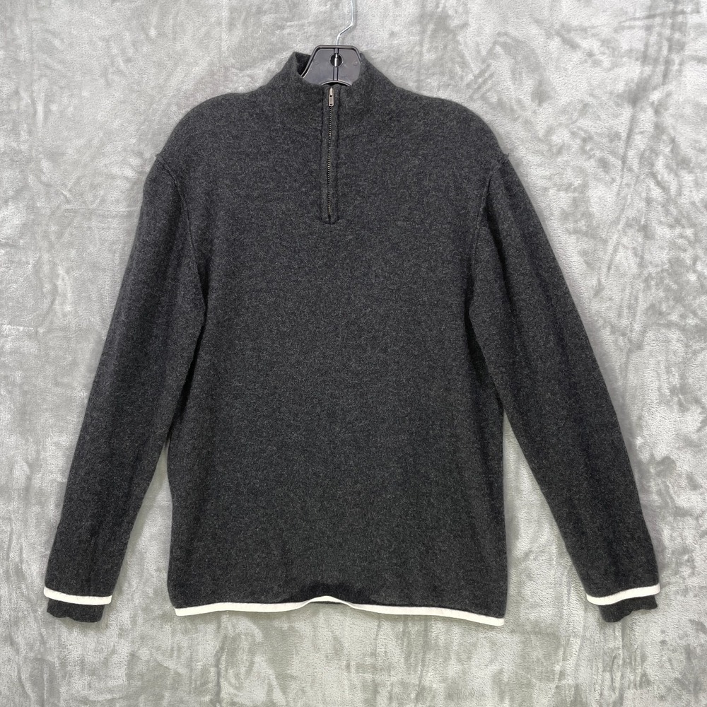 Martin Gordon Mens Size M 100% Cashmere 1/4 Zip Sweater Charcoal Gray ivory trim
